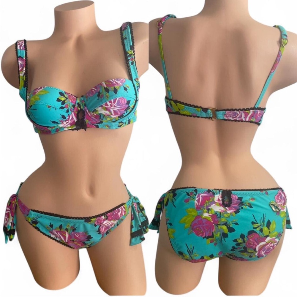 Betsey Johnson Bikini Turquoise White Pink Floral Black Embroidered Keyhole Bow